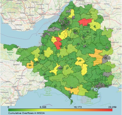 Total storm overflows per area in the Wessex Water area, 2023