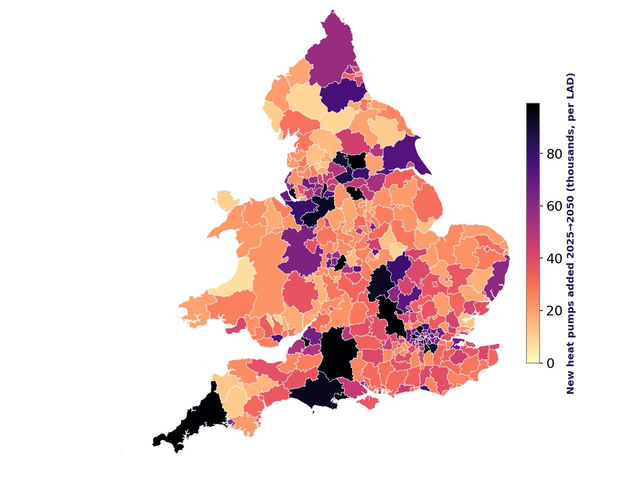 England and Wales: new heat pumps by local authority, 2025 to 2050